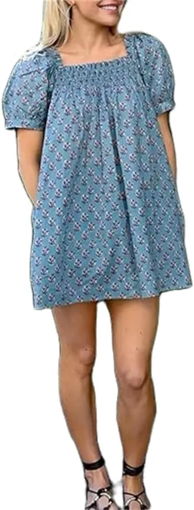 Women Babydoll Ruffle Mini Dress Y2k Puff Short Sleeve Square Neck Aline Loose Shift Vacation Beach Sun Dress