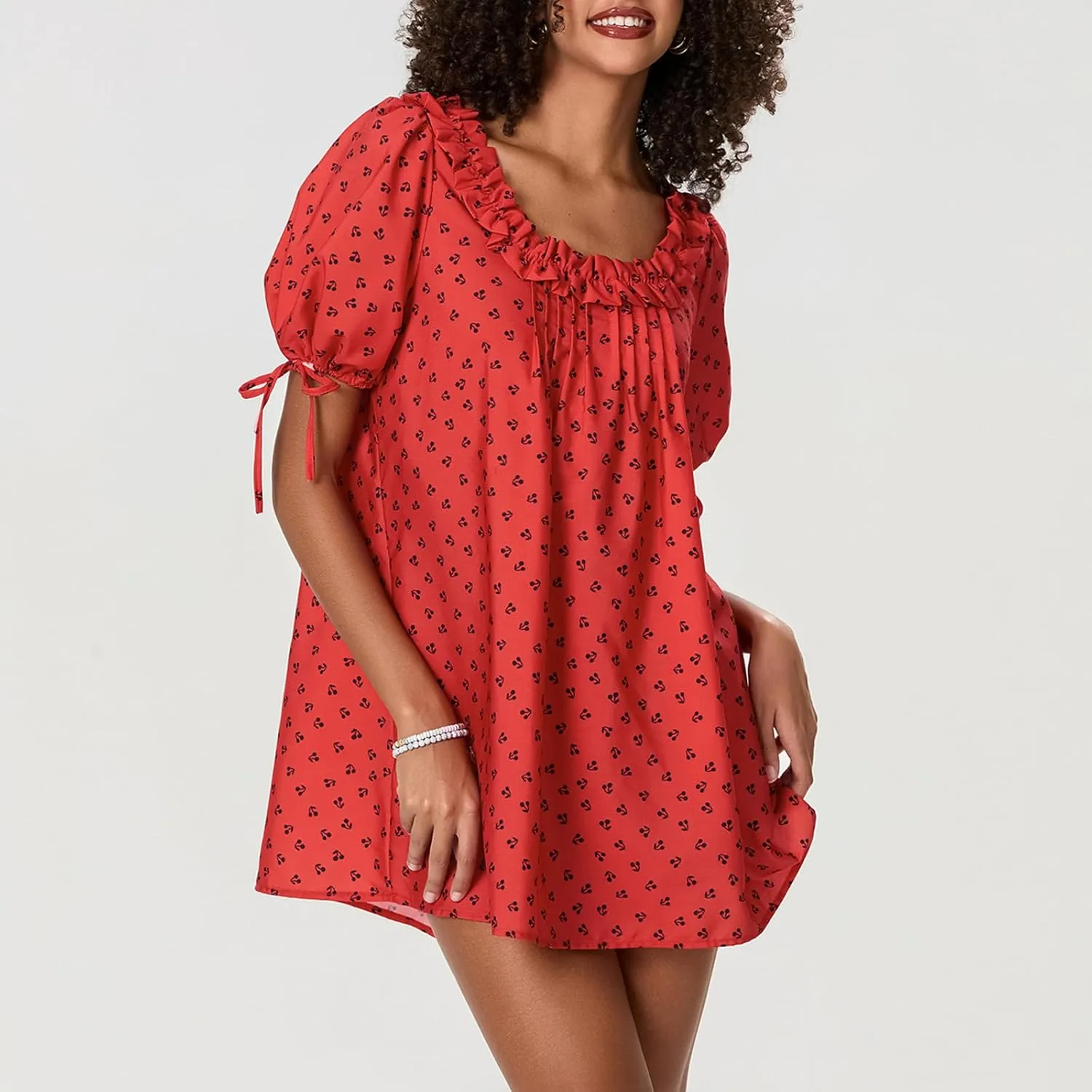 Women Babydoll Ruffle Mini Dress Y2k Puff Short Sleeve Square Neck Aline Loose Shift Vacation Beach Sun Dress