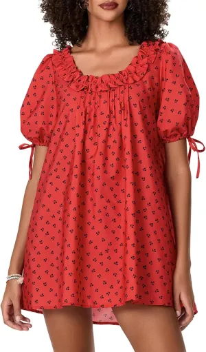 Women Babydoll Ruffle Mini Dress Y2k Puff Short Sleeve Square Neck Aline Loose Shift Vacation Beach Sun Dress