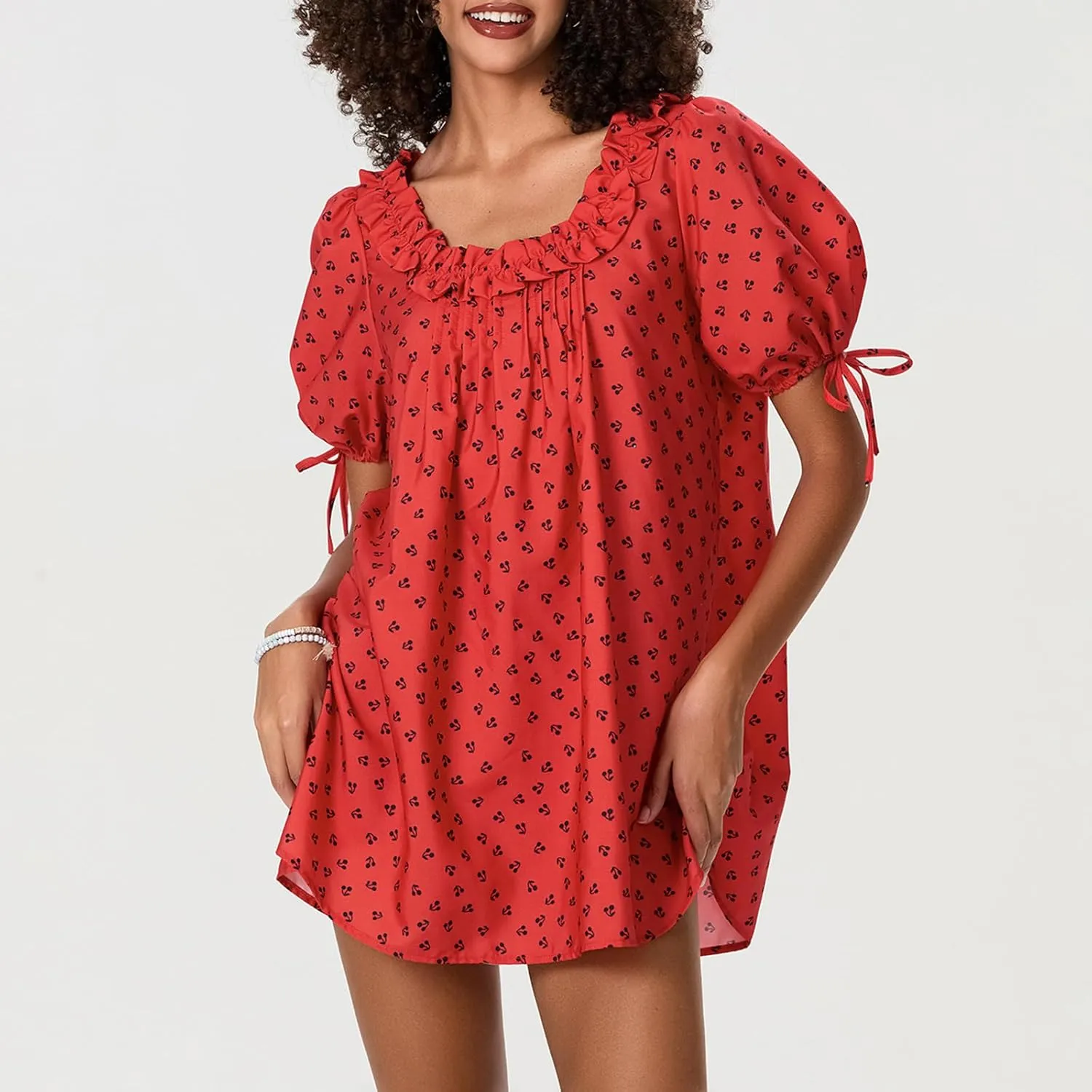 Women Babydoll Ruffle Mini Dress Y2k Puff Short Sleeve Square Neck Aline Loose Shift Vacation Beach Sun Dress