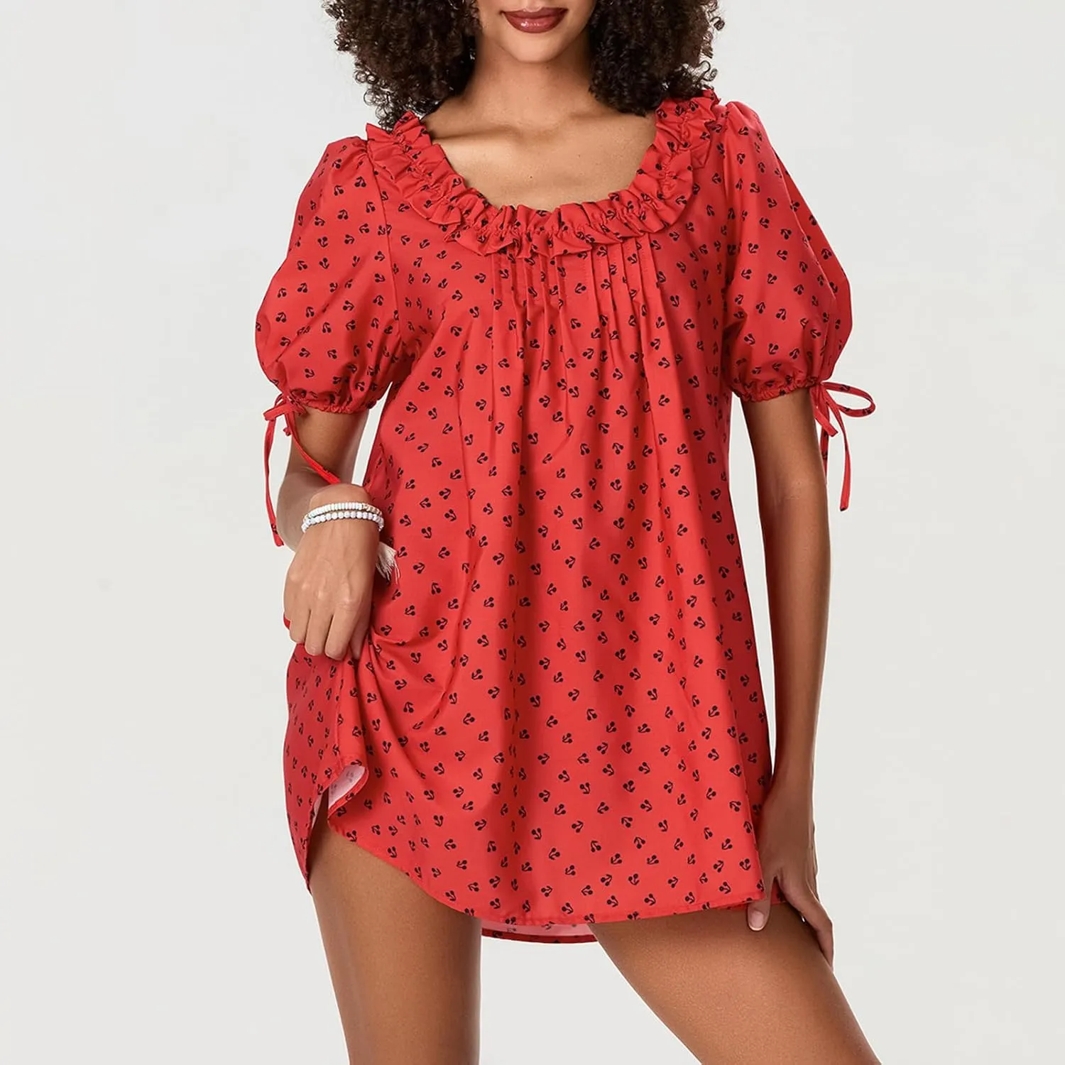 Women Babydoll Ruffle Mini Dress Y2k Puff Short Sleeve Square Neck Aline Loose Shift Vacation Beach Sun Dress