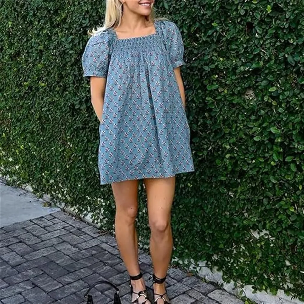 Women Babydoll Ruffle Mini Dress Y2k Puff Short Sleeve Square Neck Aline Loose Shift Vacation Beach Sun Dress