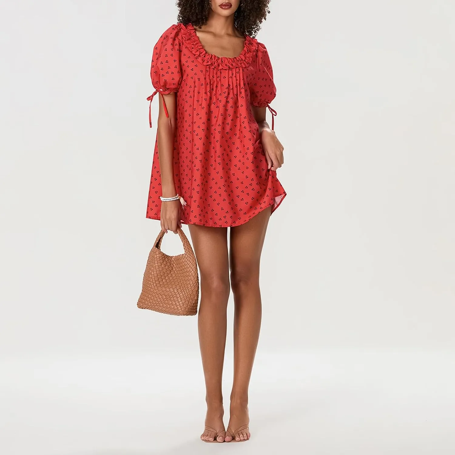 Women Babydoll Ruffle Mini Dress Y2k Puff Short Sleeve Square Neck Aline Loose Shift Vacation Beach Sun Dress