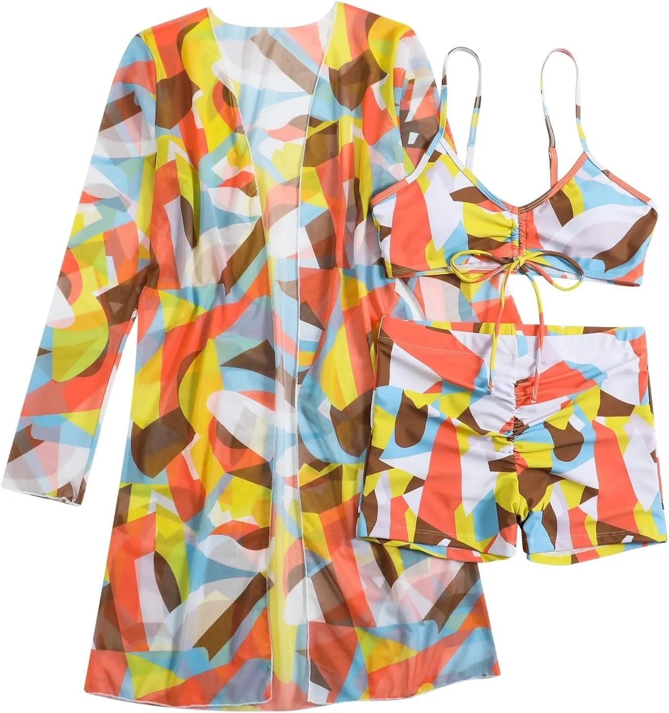 Women Bathing Suit 3 Piece Swimsuit Drawstring Bikini Set Long Sleeve Beach Cover Up Boho Swimwear Set with Boy Shorts