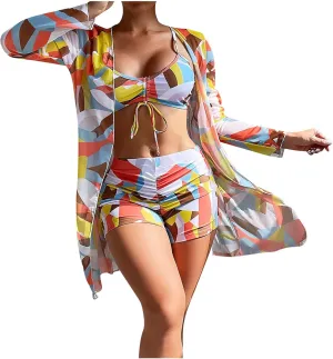 Women Bathing Suit 3 Piece Swimsuit Drawstring Bikini Set Long Sleeve Beach Cover Up Boho Swimwear Set with Boy Shorts