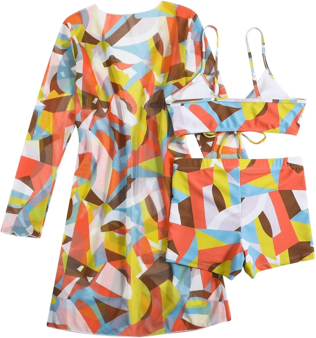 Women Bathing Suit 3 Piece Swimsuit Drawstring Bikini Set Long Sleeve Beach Cover Up Boho Swimwear Set with Boy Shorts