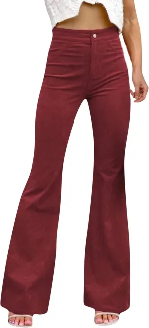 Women Corduroy Flare Pants Elastic Waist Bell Bottom Trousers Vintage High Waisted Loose Bootcut Flared Pants Y2K