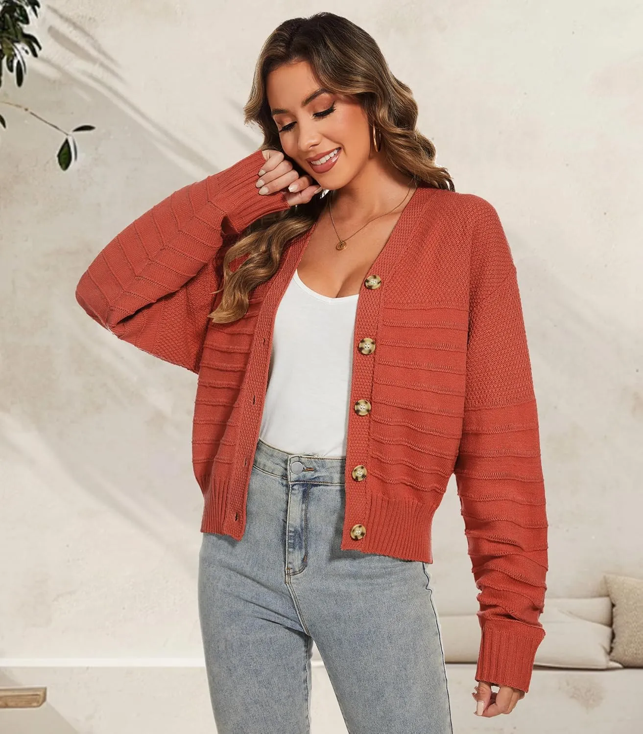 Women Fall Long Sleeve V Neck Cardigan Button Down Lightweight Cropped Cardigan Sweater Jackets