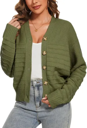 Women Fall Long Sleeve V Neck Cardigan Button Down Lightweight Cropped Cardigan Sweater Jackets