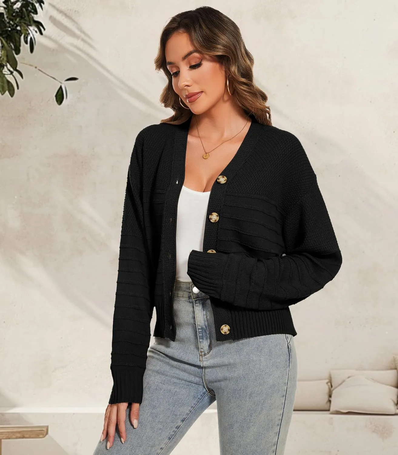 Women Fall Long Sleeve V Neck Cardigan Button Down Lightweight Cropped Cardigan Sweater Jackets