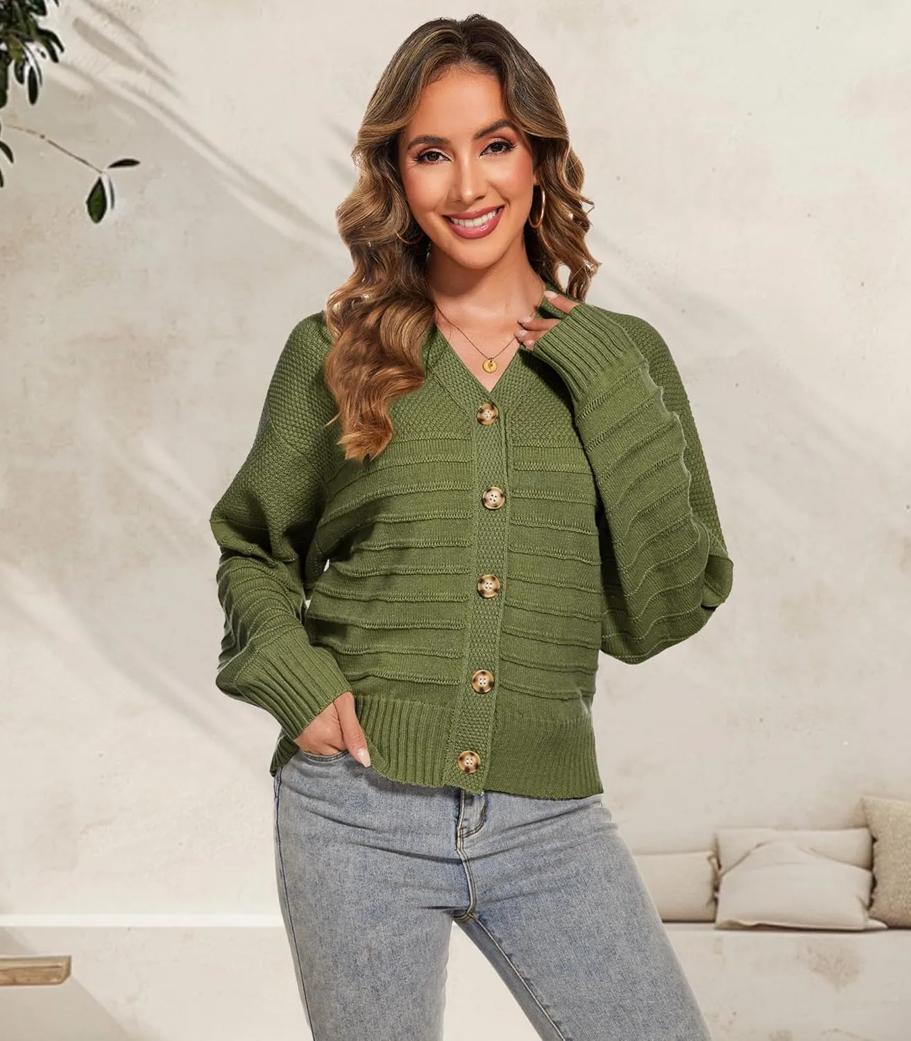 Women Fall Long Sleeve V Neck Cardigan Button Down Lightweight Cropped Cardigan Sweater Jackets