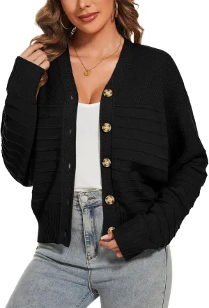 Women Fall Long Sleeve V Neck Cardigan Button Down Lightweight Cropped Cardigan Sweater Jackets