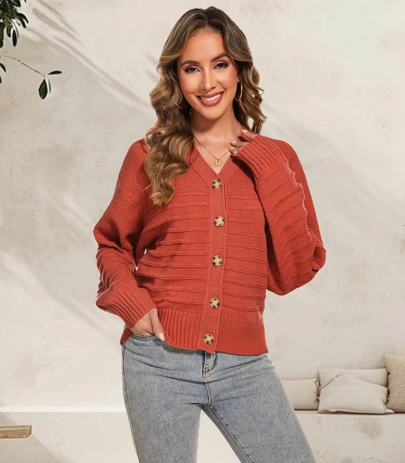 Women Fall Long Sleeve V Neck Cardigan Button Down Lightweight Cropped Cardigan Sweater Jackets