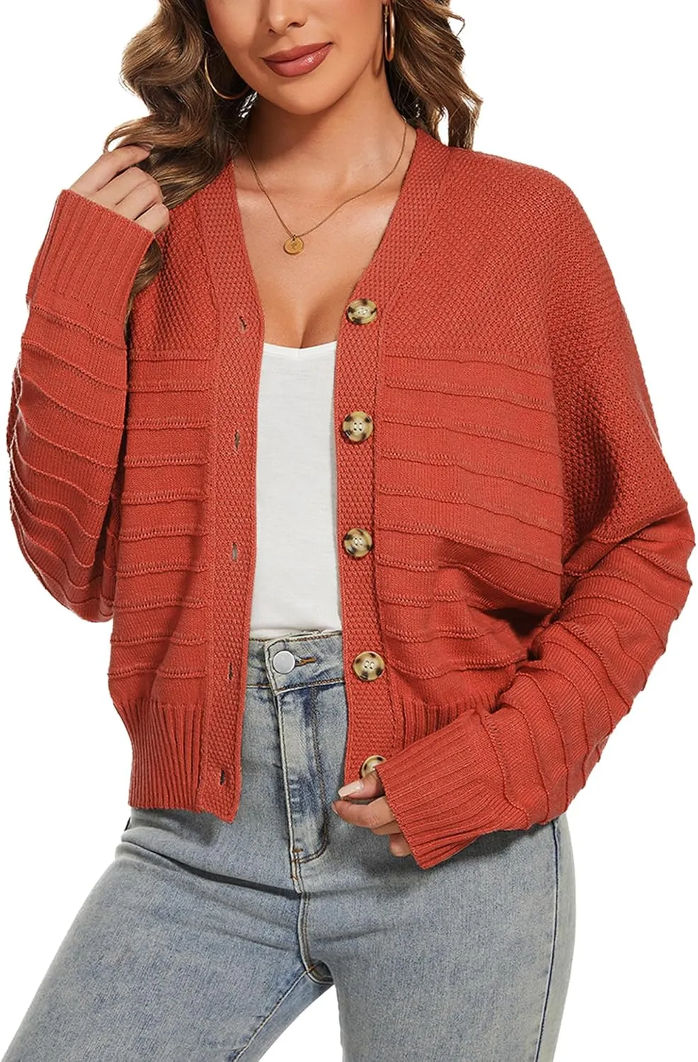 Women Fall Long Sleeve V Neck Cardigan Button Down Lightweight Cropped Cardigan Sweater Jackets