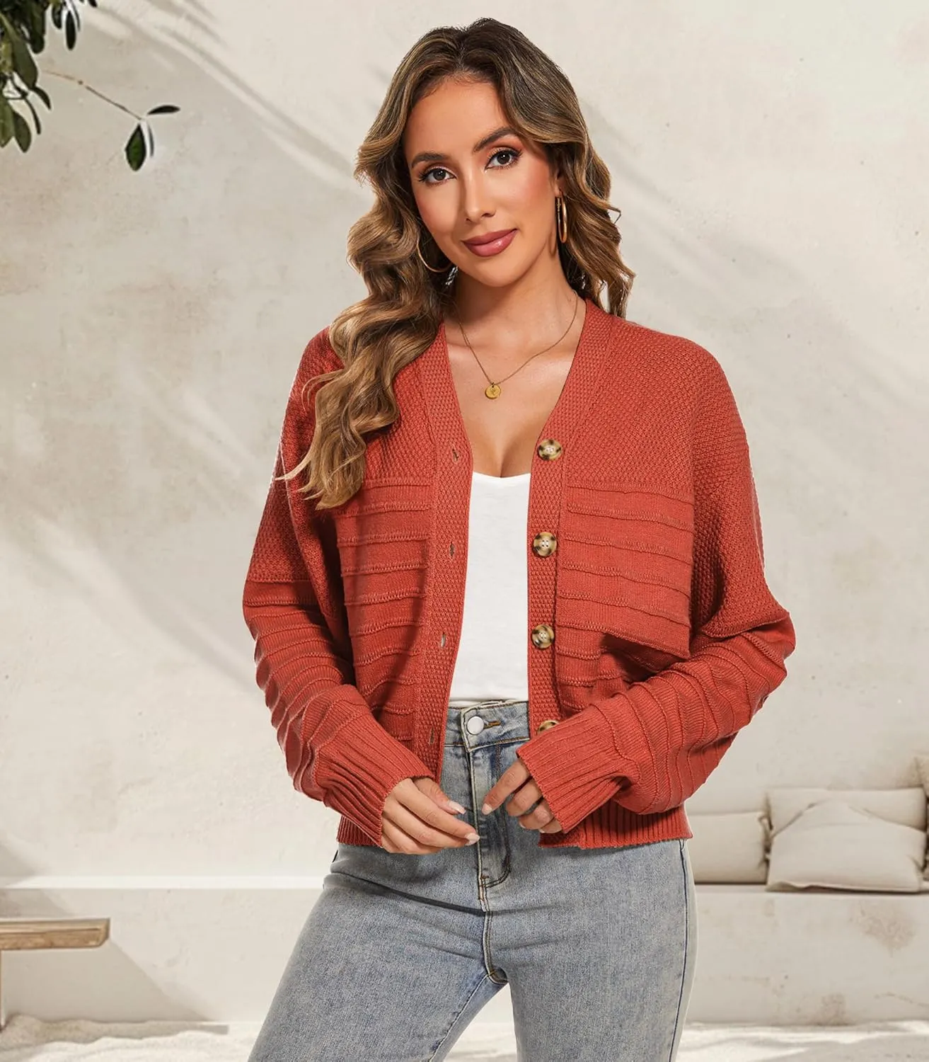 Women Fall Long Sleeve V Neck Cardigan Button Down Lightweight Cropped Cardigan Sweater Jackets