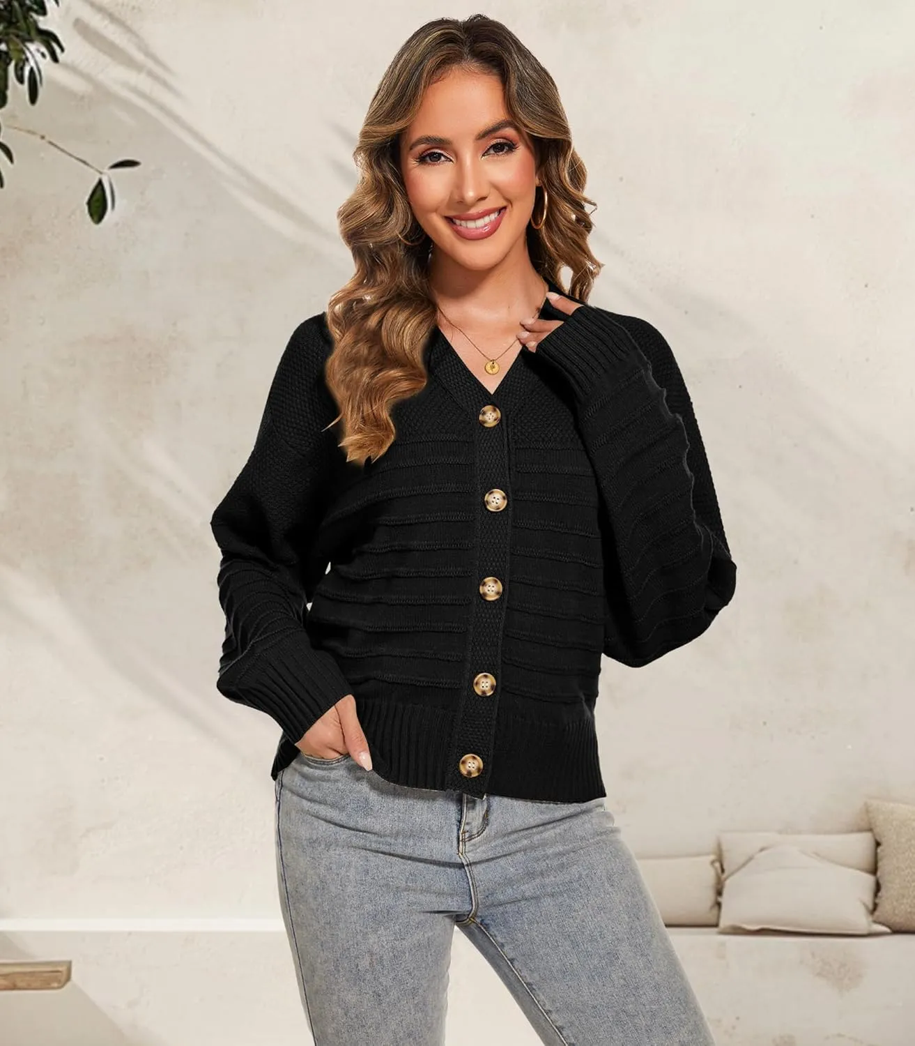 Women Fall Long Sleeve V Neck Cardigan Button Down Lightweight Cropped Cardigan Sweater Jackets