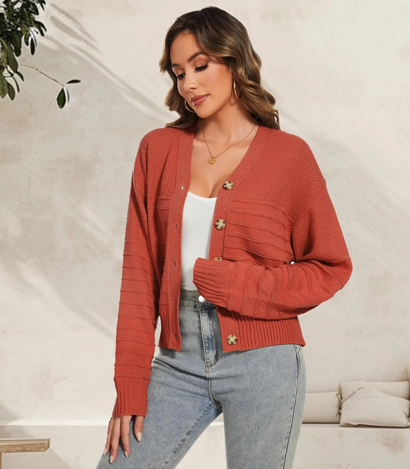 Women Fall Long Sleeve V Neck Cardigan Button Down Lightweight Cropped Cardigan Sweater Jackets