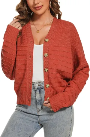Women Fall Long Sleeve V Neck Cardigan Button Down Lightweight Cropped Cardigan Sweater Jackets