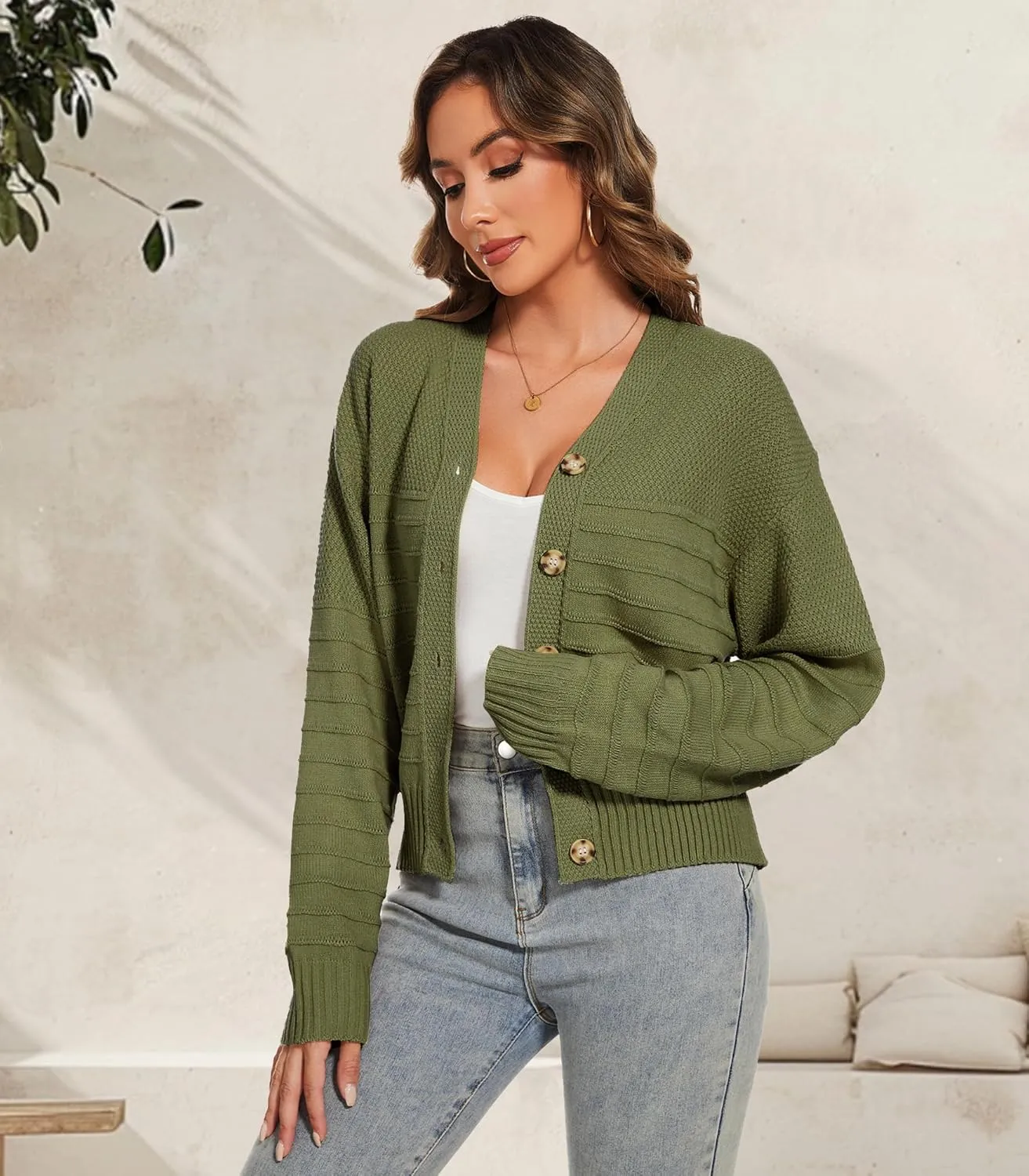 Women Fall Long Sleeve V Neck Cardigan Button Down Lightweight Cropped Cardigan Sweater Jackets