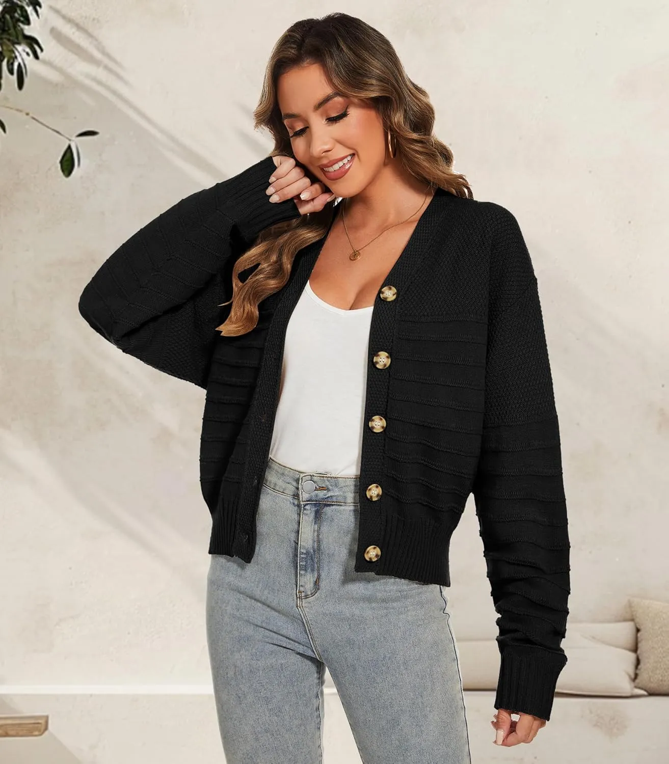 Women Fall Long Sleeve V Neck Cardigan Button Down Lightweight Cropped Cardigan Sweater Jackets