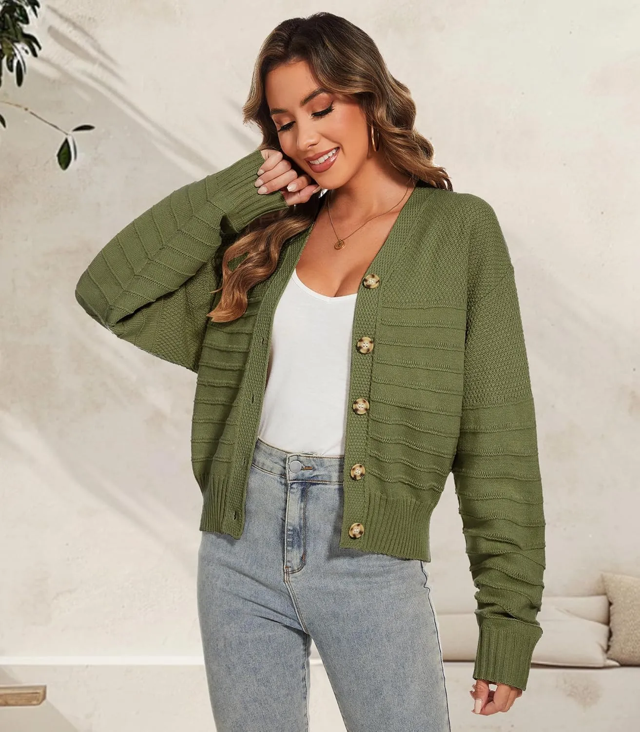Women Fall Long Sleeve V Neck Cardigan Button Down Lightweight Cropped Cardigan Sweater Jackets