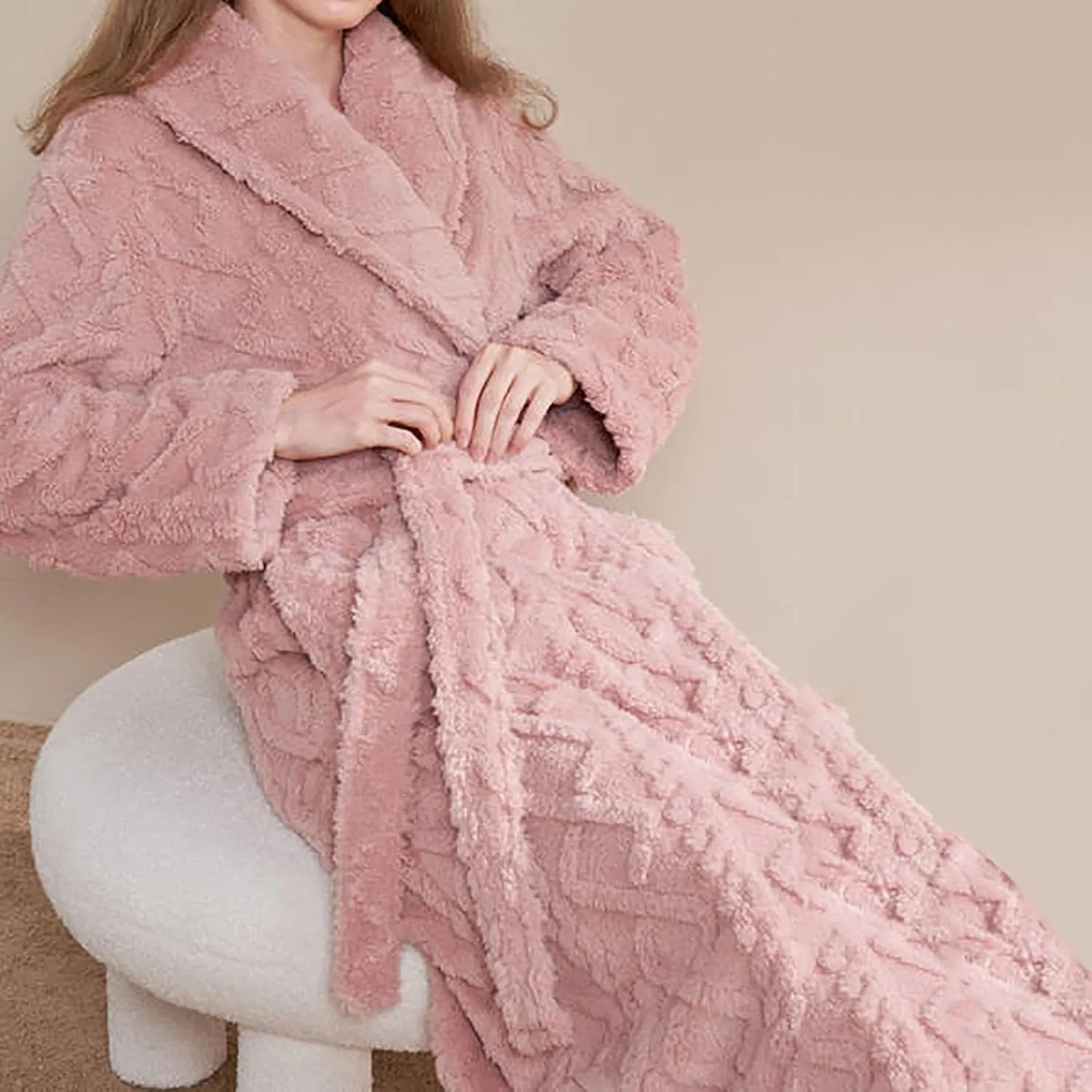 Women Fuzzy Pajama Set Soft Plush Long Bath Robe and Fleece Pants 2 Piece Sleepwear Loungewear Housecoat
