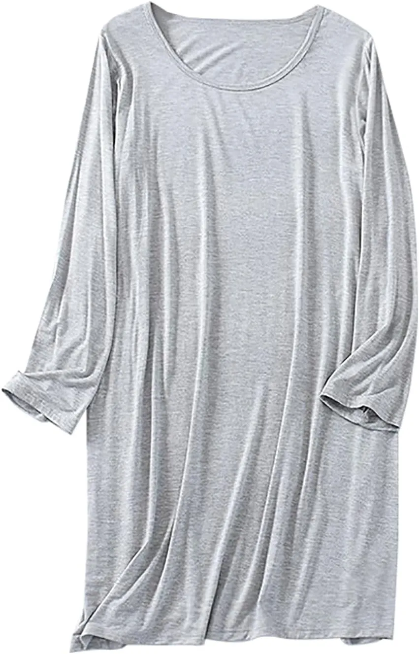 Women Long Sleeve Soft Sleepshirts Crewneck Comfort Nightdress Mid Length Sleepwear Solid Cozy Nightgowns