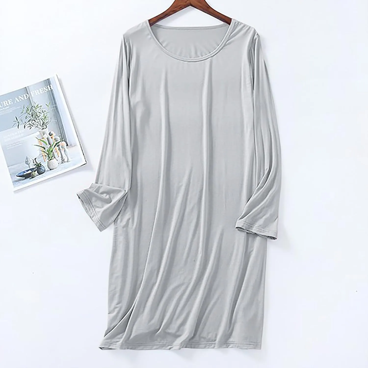 Women Long Sleeve Soft Sleepshirts Crewneck Comfort Nightdress Mid Length Sleepwear Solid Cozy Nightgowns