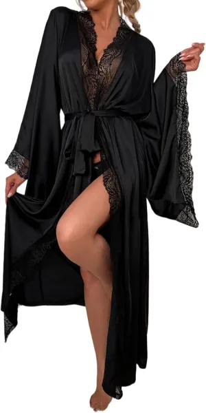 Women Satin Silky Kimono Bathrobe V-Neck Sexy Lace Trim Casual Boudoir Sleepwear Bridesmaids Wedding Party Nightgowns