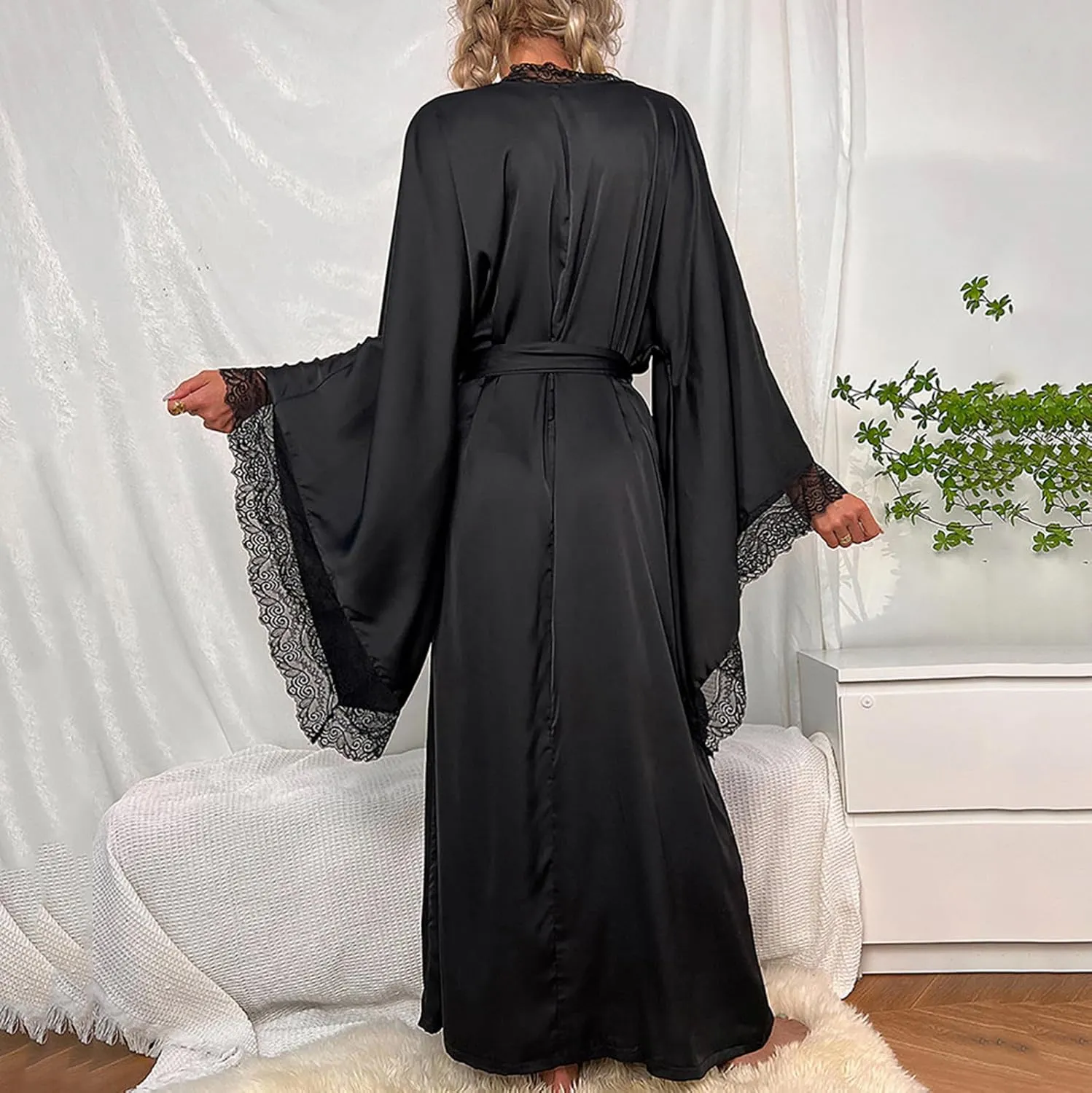 Women Satin Silky Kimono Bathrobe V-Neck Sexy Lace Trim Casual Boudoir Sleepwear Bridesmaids Wedding Party Nightgowns