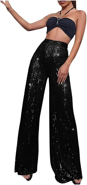 Women Sequin Pants High Waist Wide Leg Pants Long Glitter Palazzo Culottes Bling Party Clubwear Pants Fashion Trousers