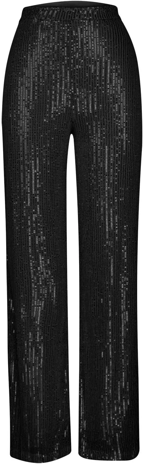 Women Sequin Pants High Waist Wide Leg Pants Long Glitter Palazzo Culottes Bling Party Clubwear Pants Fashion Trousers
