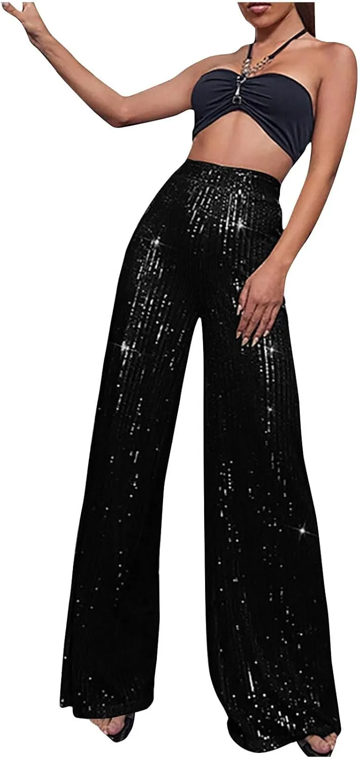 Women Sequin Pants High Waist Wide Leg Pants Long Glitter Palazzo Culottes Bling Party Clubwear Pants Fashion Trousers
