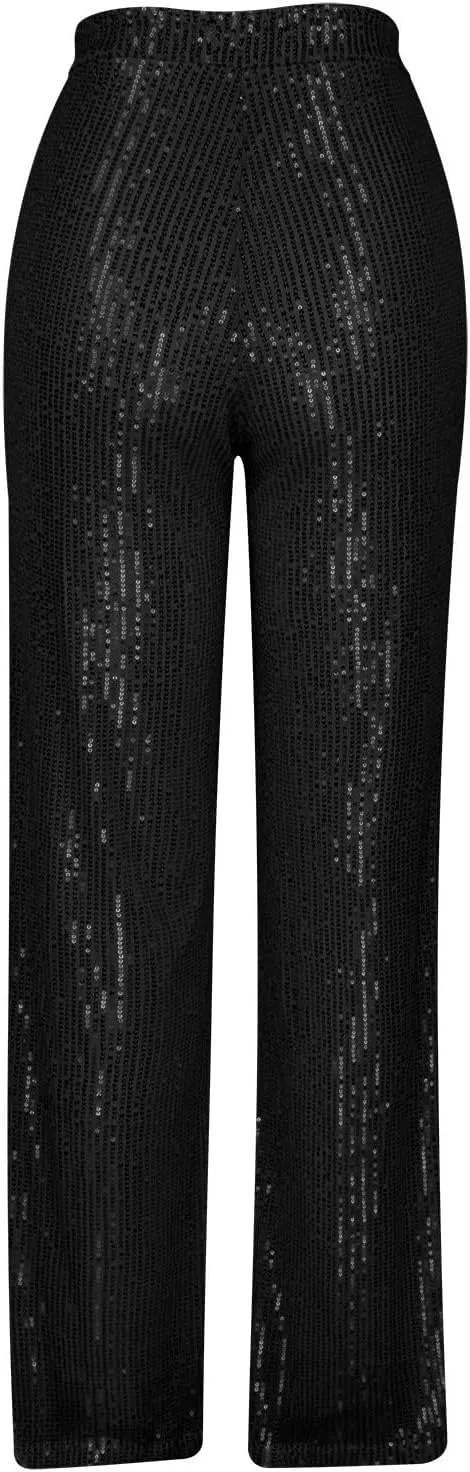 Women Sequin Pants High Waist Wide Leg Pants Long Glitter Palazzo Culottes Bling Party Clubwear Pants Fashion Trousers