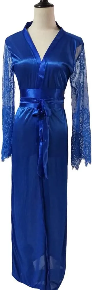Women Sexy Long Lingerie Robe Ladies Lace Silk Dressing Gown Maxi Satin Bathrobes Spa Wedding Bridal Pajama Nightgown