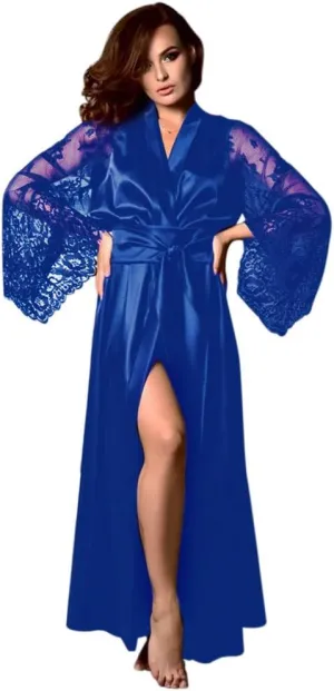 Women Sexy Long Lingerie Robe Ladies Lace Silk Dressing Gown Maxi Satin Bathrobes Spa Wedding Bridal Pajama Nightgown
