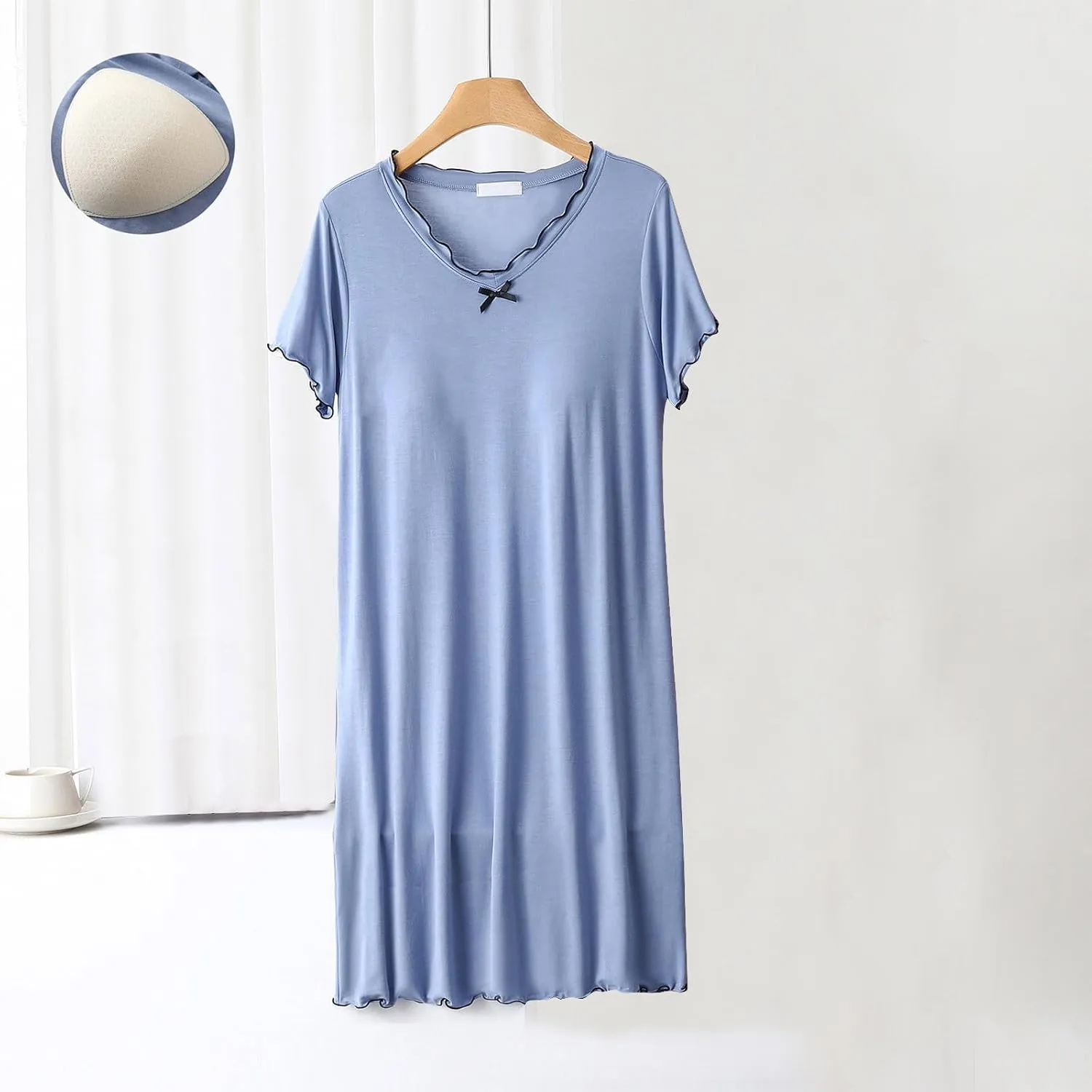 Women Sleep Shirts with Built in Bra Short Sleeve Nightgown Lettuce Trim Comfy Dressing Gowns Soft Nightdress
