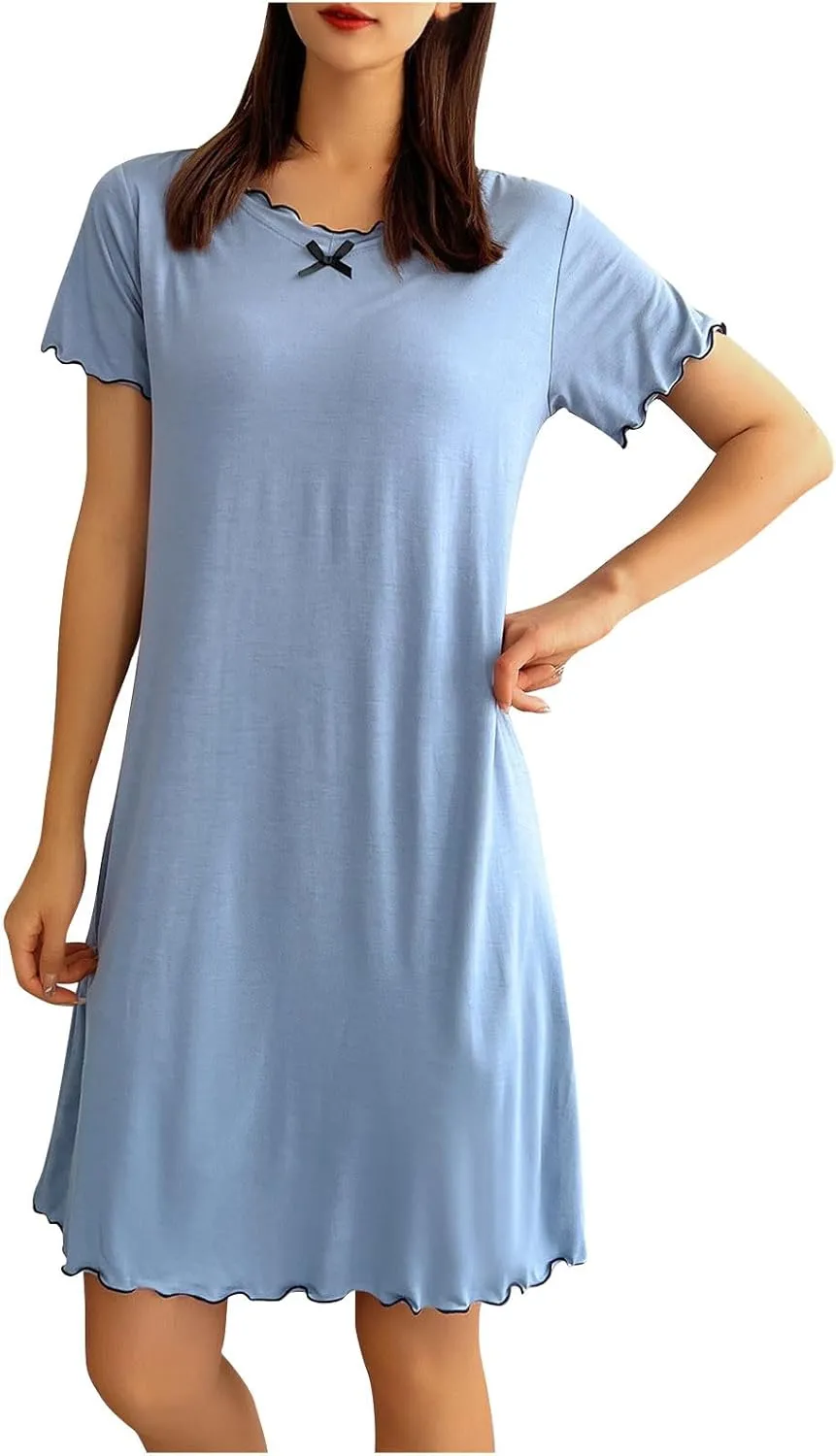 Women Sleep Shirts with Built in Bra Short Sleeve Nightgown Lettuce Trim Comfy Dressing Gowns Soft Nightdress