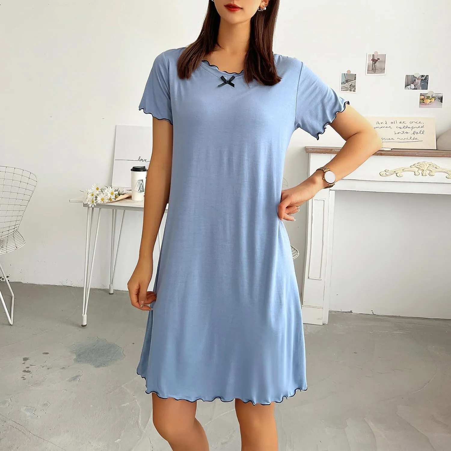 Women Sleep Shirts with Built in Bra Short Sleeve Nightgown Lettuce Trim Comfy Dressing Gowns Soft Nightdress