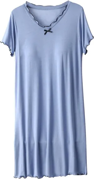 Women Sleep Shirts with Built in Bra Short Sleeve Nightgown Lettuce Trim Comfy Dressing Gowns Soft Nightdress
