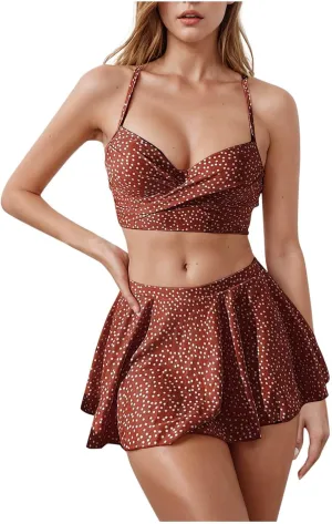 Women Two Piece Swimsuit Set Wrap Twist Bras with Flowy Skort Modest Bikini Set Polka Dot Print Cute Bathing Suit