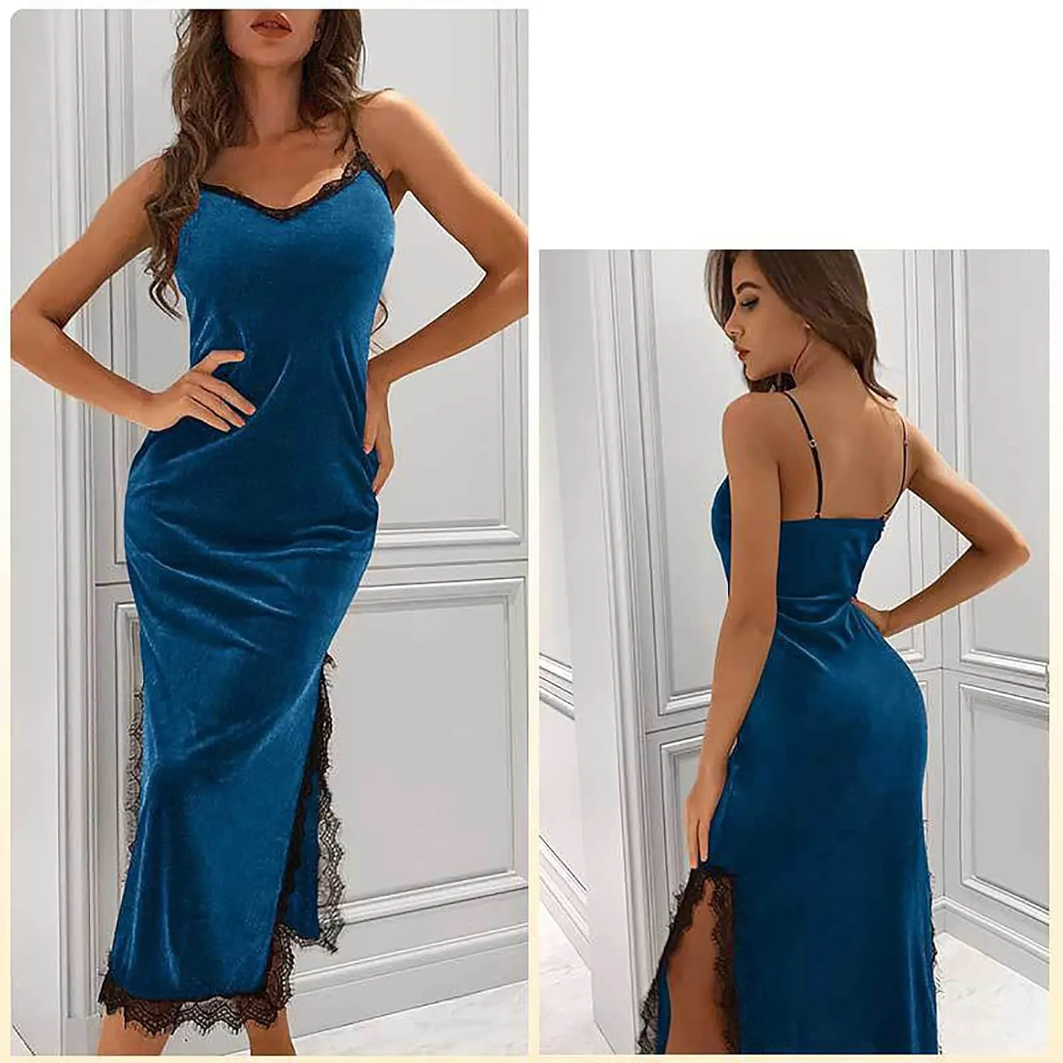 Women Velvet Lace Nightgowns V Neck Long Chemise Sexy Lingerie Nightdress Split Hem Sleeveless Cami Sleepwear