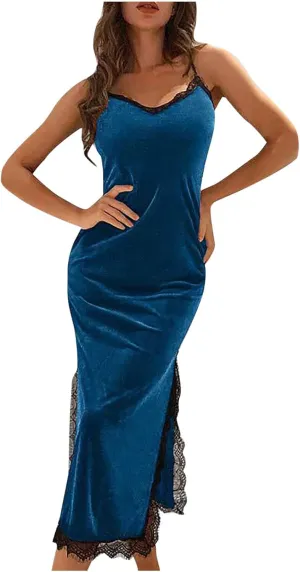 Women Velvet Lace Nightgowns V Neck Long Chemise Sexy Lingerie Nightdress Split Hem Sleeveless Cami Sleepwear