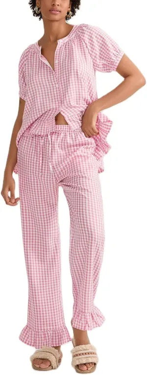 Women Y2k Plaid Pajamas Set Short Sleeve Ruffle Hem Peplum Shirt Gingham Wide Leg Pants 2 Piece Lounge Set