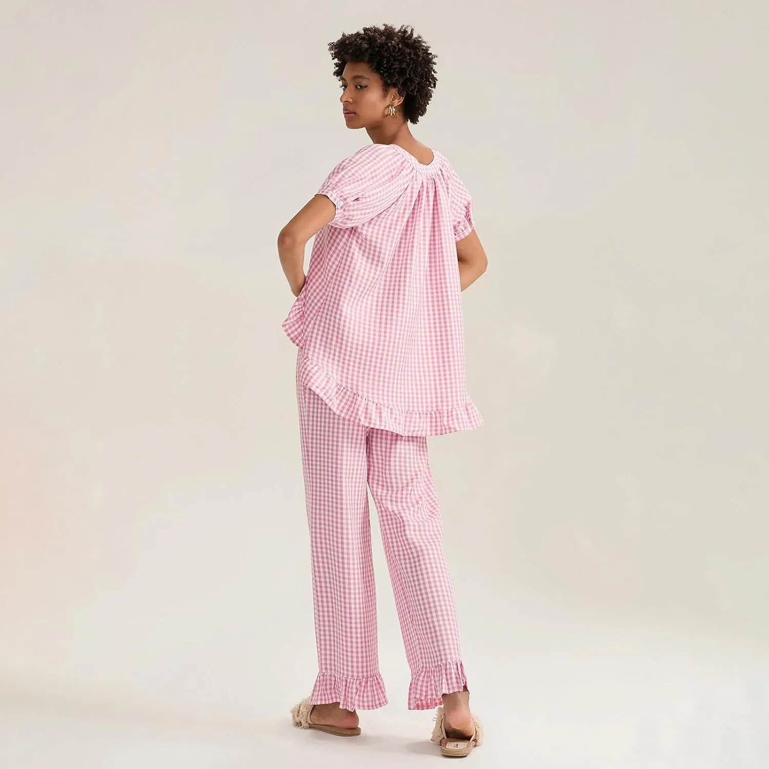 Women Y2k Plaid Pajamas Set Short Sleeve Ruffle Hem Peplum Shirt Gingham Wide Leg Pants 2 Piece Lounge Set