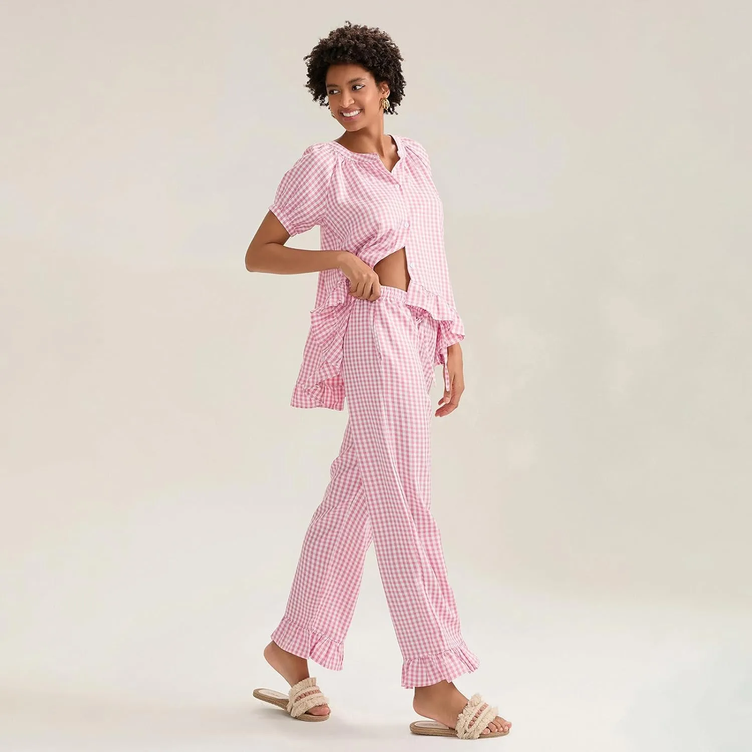 Women Y2k Plaid Pajamas Set Short Sleeve Ruffle Hem Peplum Shirt Gingham Wide Leg Pants 2 Piece Lounge Set
