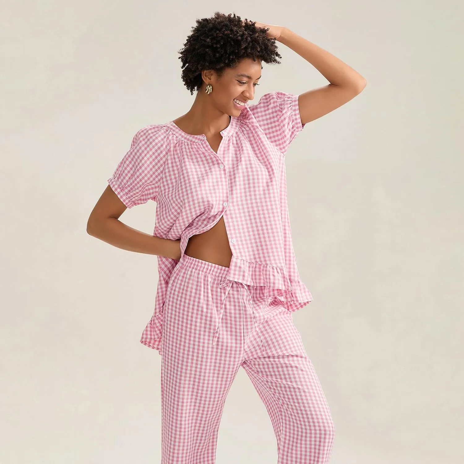 Women Y2k Plaid Pajamas Set Short Sleeve Ruffle Hem Peplum Shirt Gingham Wide Leg Pants 2 Piece Lounge Set