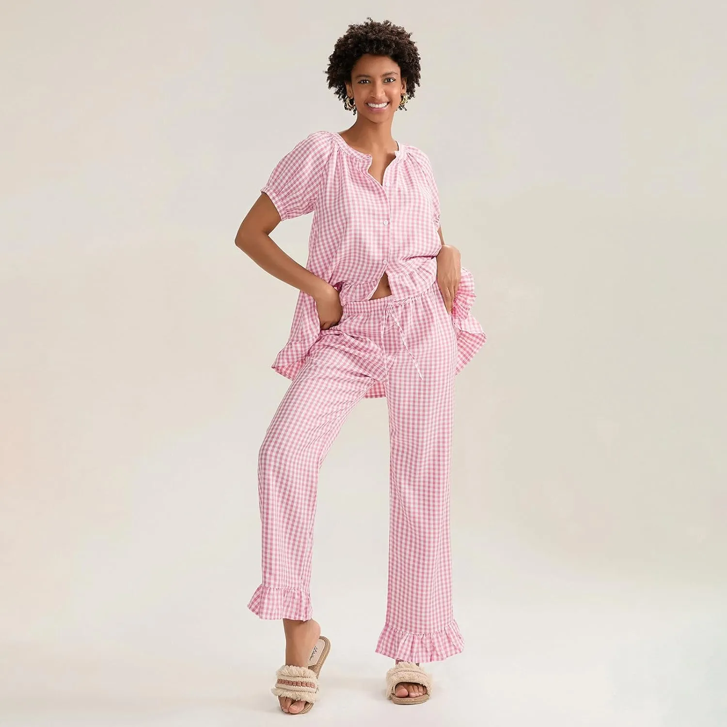 Women Y2k Plaid Pajamas Set Short Sleeve Ruffle Hem Peplum Shirt Gingham Wide Leg Pants 2 Piece Lounge Set