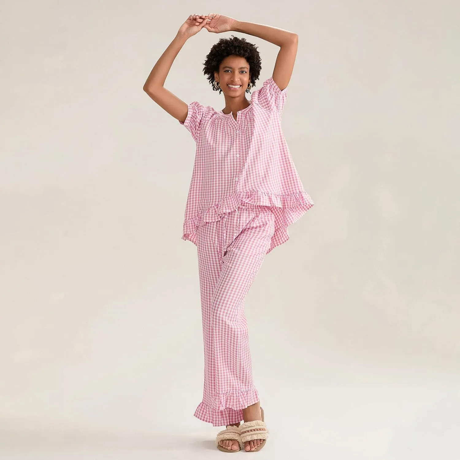 Women Y2k Plaid Pajamas Set Short Sleeve Ruffle Hem Peplum Shirt Gingham Wide Leg Pants 2 Piece Lounge Set