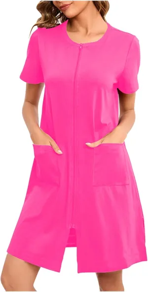 Women Zipper Robes Short Sleeve Housecoat Lightweight Bathrobes Zip Up Robe Casual Nightgown with Pockets Loungewear